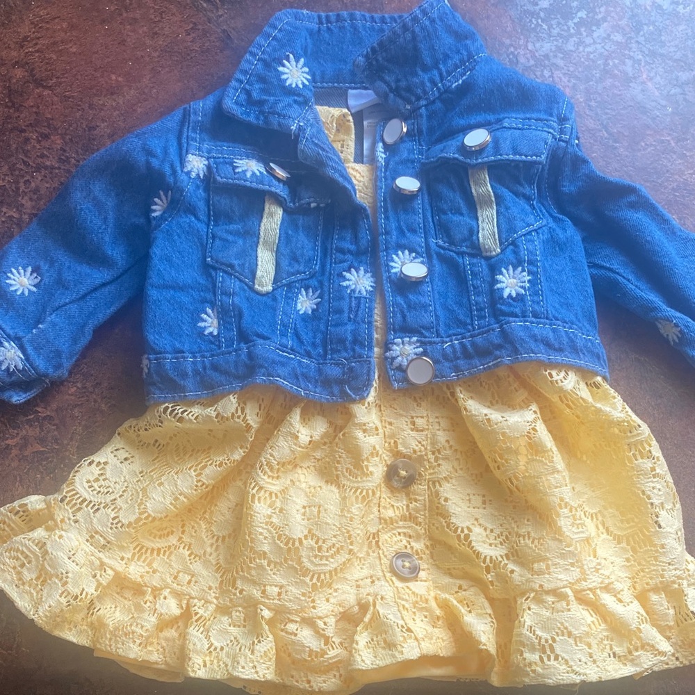 Little Lass Blue Jean Jacket with Yellow Lace Dress